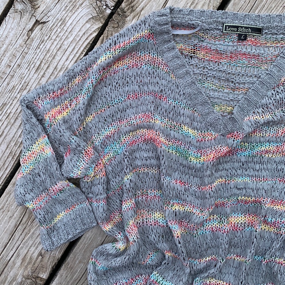 Loose weave grey and multi-color sweater top
